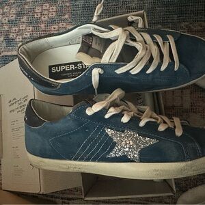 Golden Goose Teal Sneakers with Silver Glitter Star